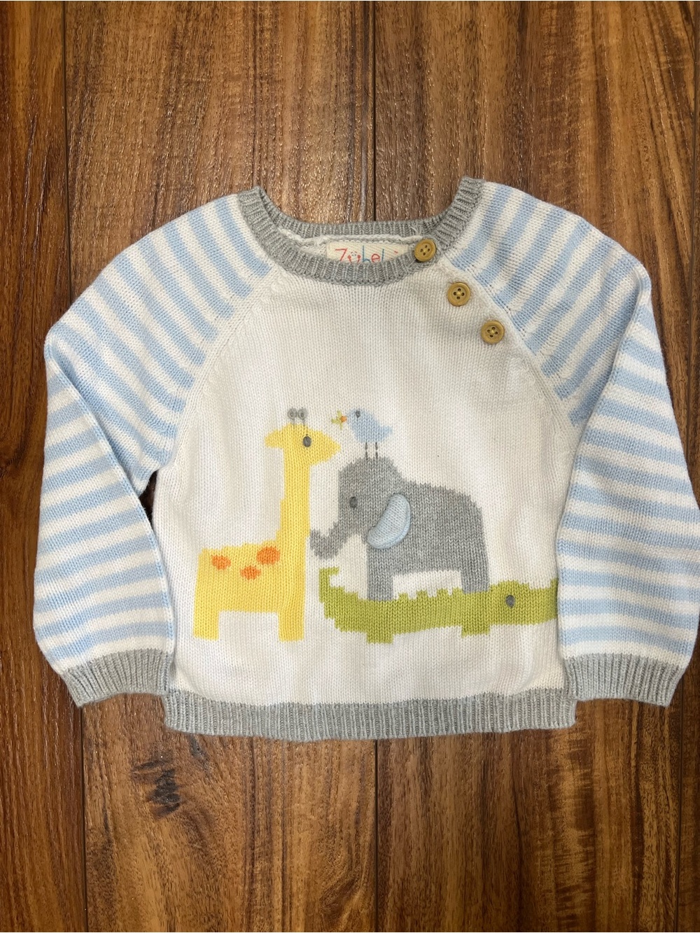 Zubels Baby Sweater Cotton Knit Animals White Blue Gray Striped 12M